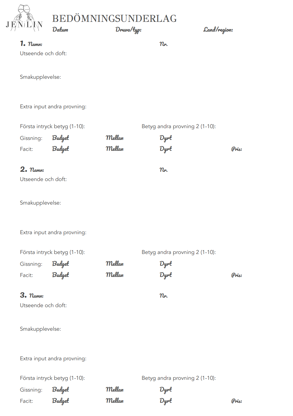 Vinprovningsunderlag Jenilin