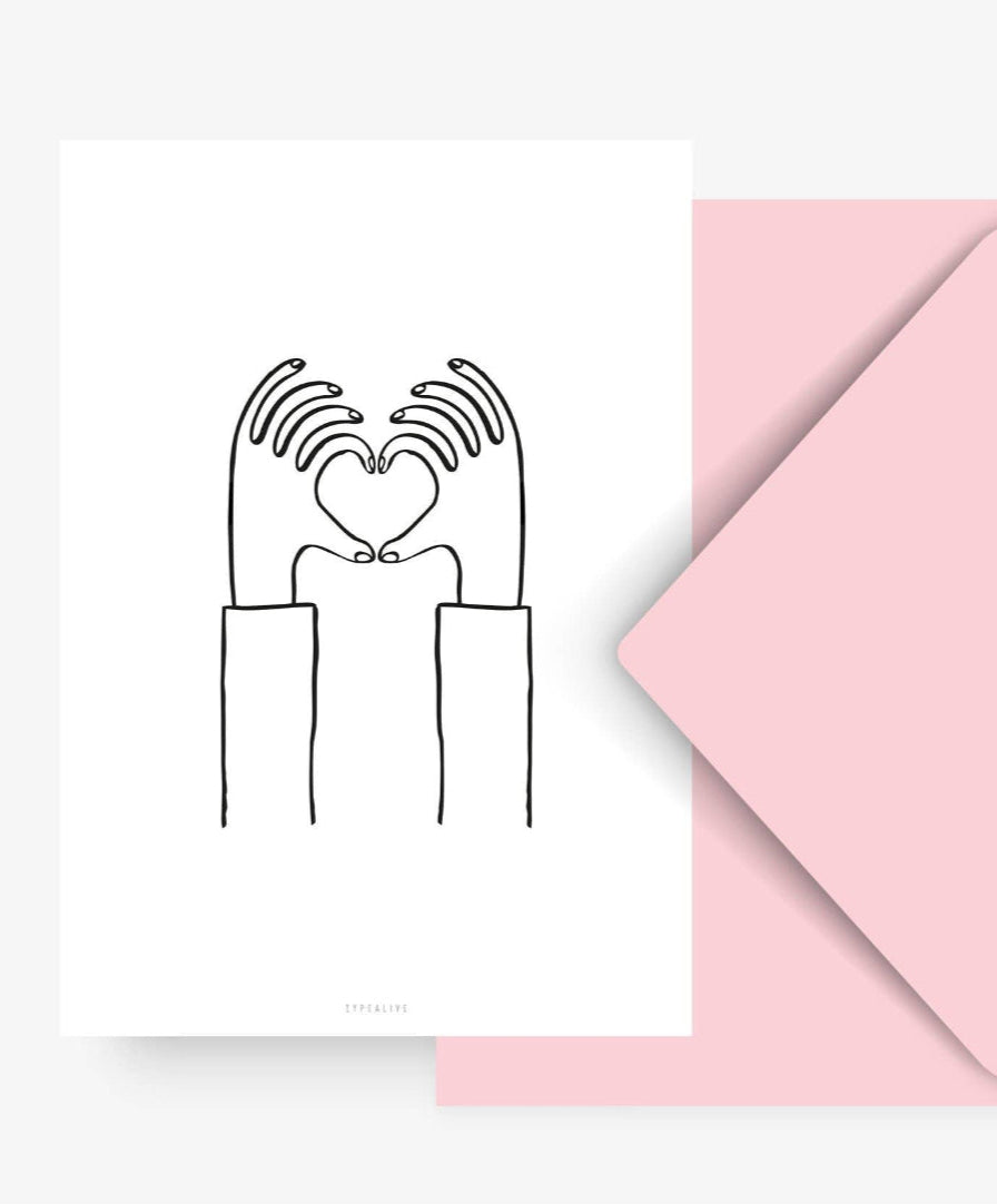 Hälsningskort med två händer som formar ett hjärta