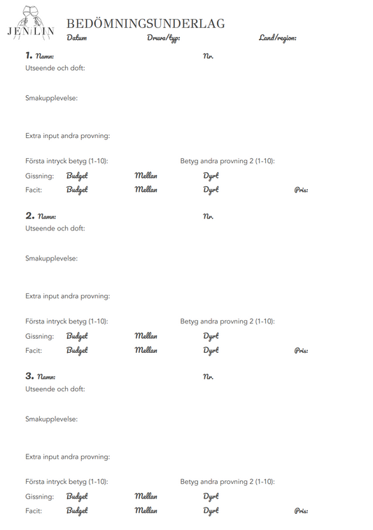 Vinprovningsunderlag Jenilin